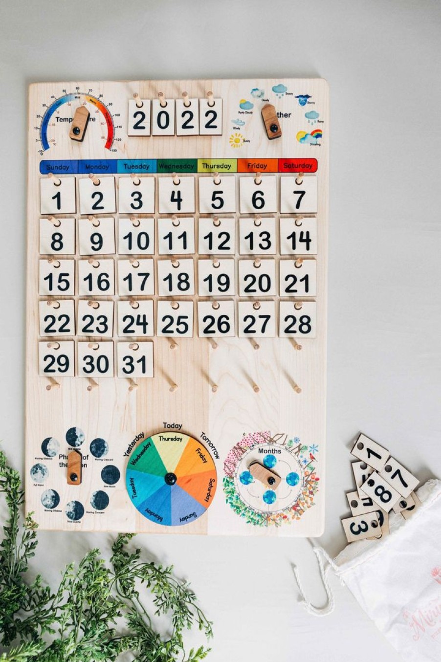 Expanded Wooden Perpetual Calendar With Seasons, Moon Phases, Months, Days And Weather | Mirus Toys Clearance