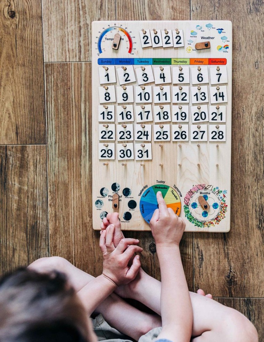 Expanded Wooden Perpetual Calendar With Seasons, Moon Phases, Months, Days And Weather | Mirus Toys Clearance