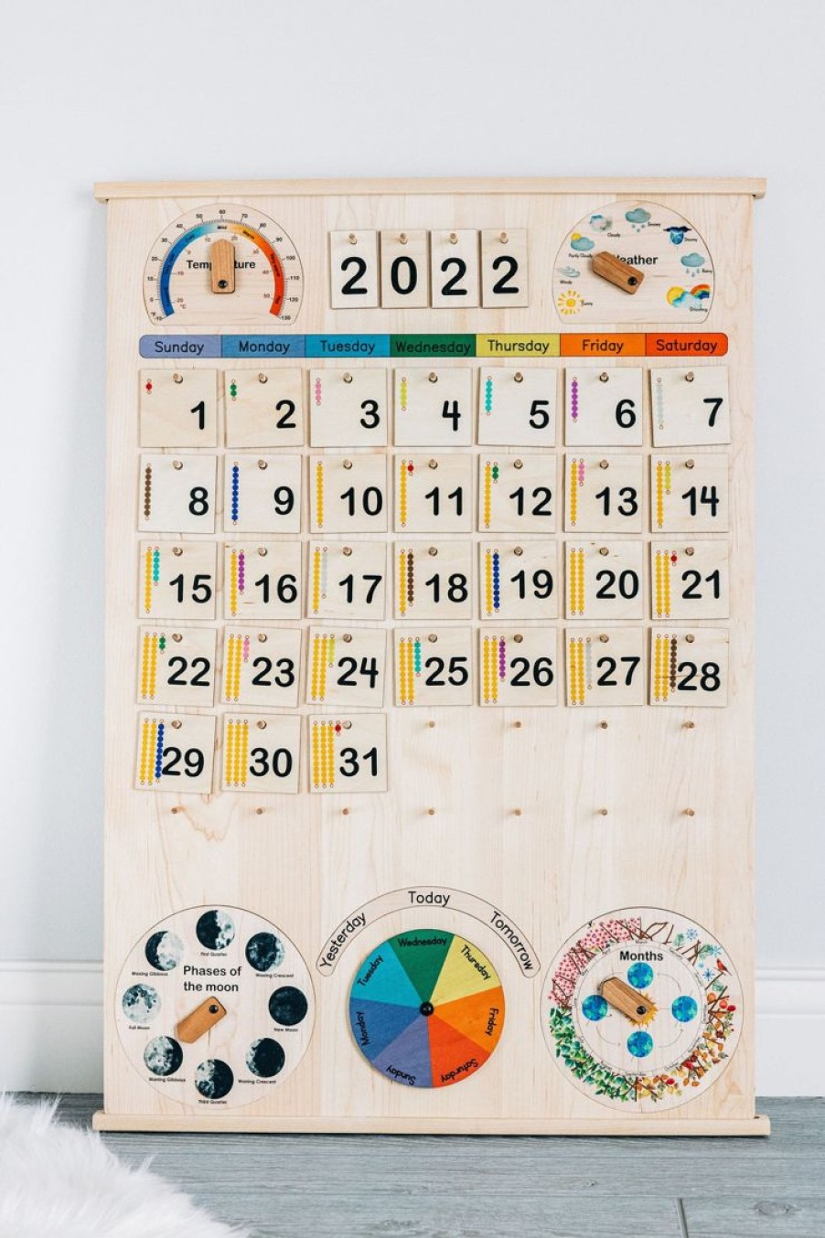 Classroom & School Size Wooden Perpetual Calendar With Seasons, Moon Phases, Months, Days And Weather | Mirus Toys New