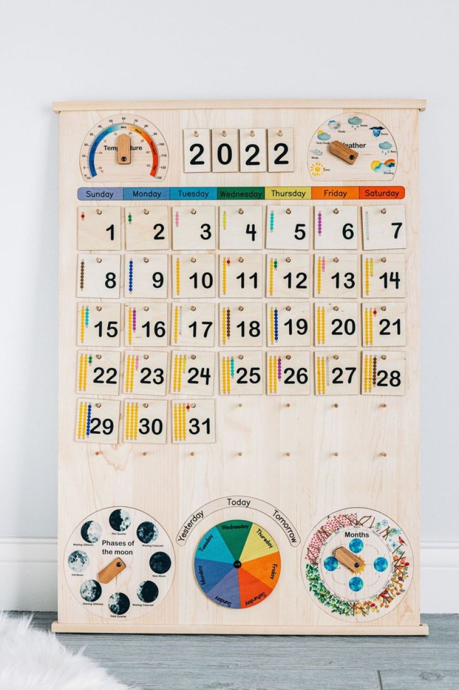 Mirus Toys Classroom & School Size Wooden Perpetual Calendar With Seasons, Moon Phases, Months, Days And Weather | Home & Other