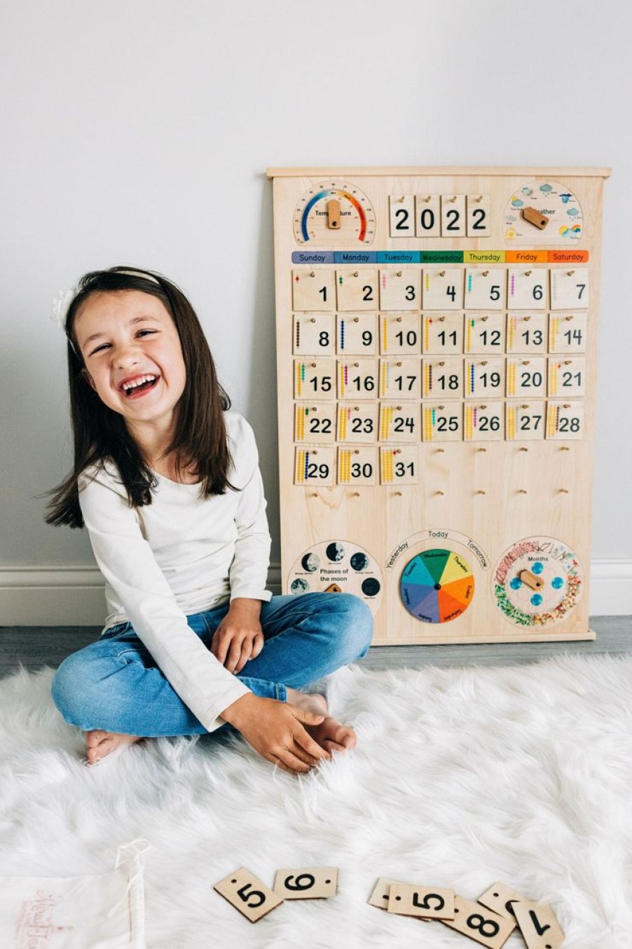 Classroom & School Size Wooden Perpetual Calendar With Seasons, Moon Phases, Months, Days And Weather | Mirus Toys New