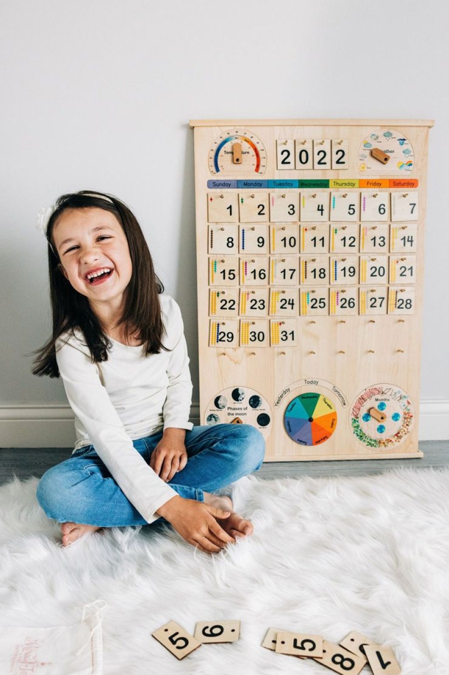 Mirus Toys Classroom & School Size Wooden Perpetual Calendar With Seasons, Moon Phases, Months, Days And Weather | Home & Other