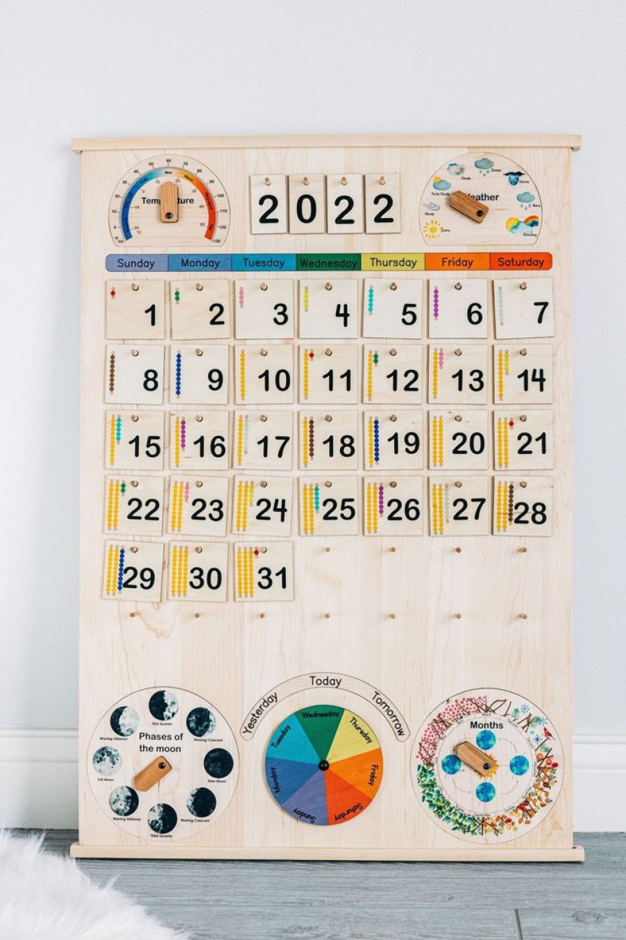 Mirus Toys Seconds/Imperfect Classroom & School Size Wooden Perpetual Calendar With Seasons, Moon Phases, Months, Days And Weather | Home & Other