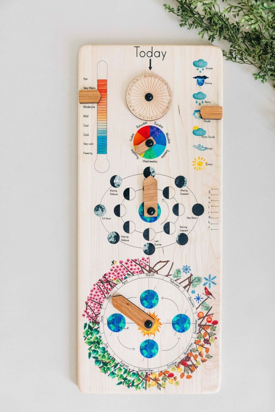 Wooden Perpetual Calendar With Seasons, Moon Phases, Months, Days And Weather | Mirus Toys Best