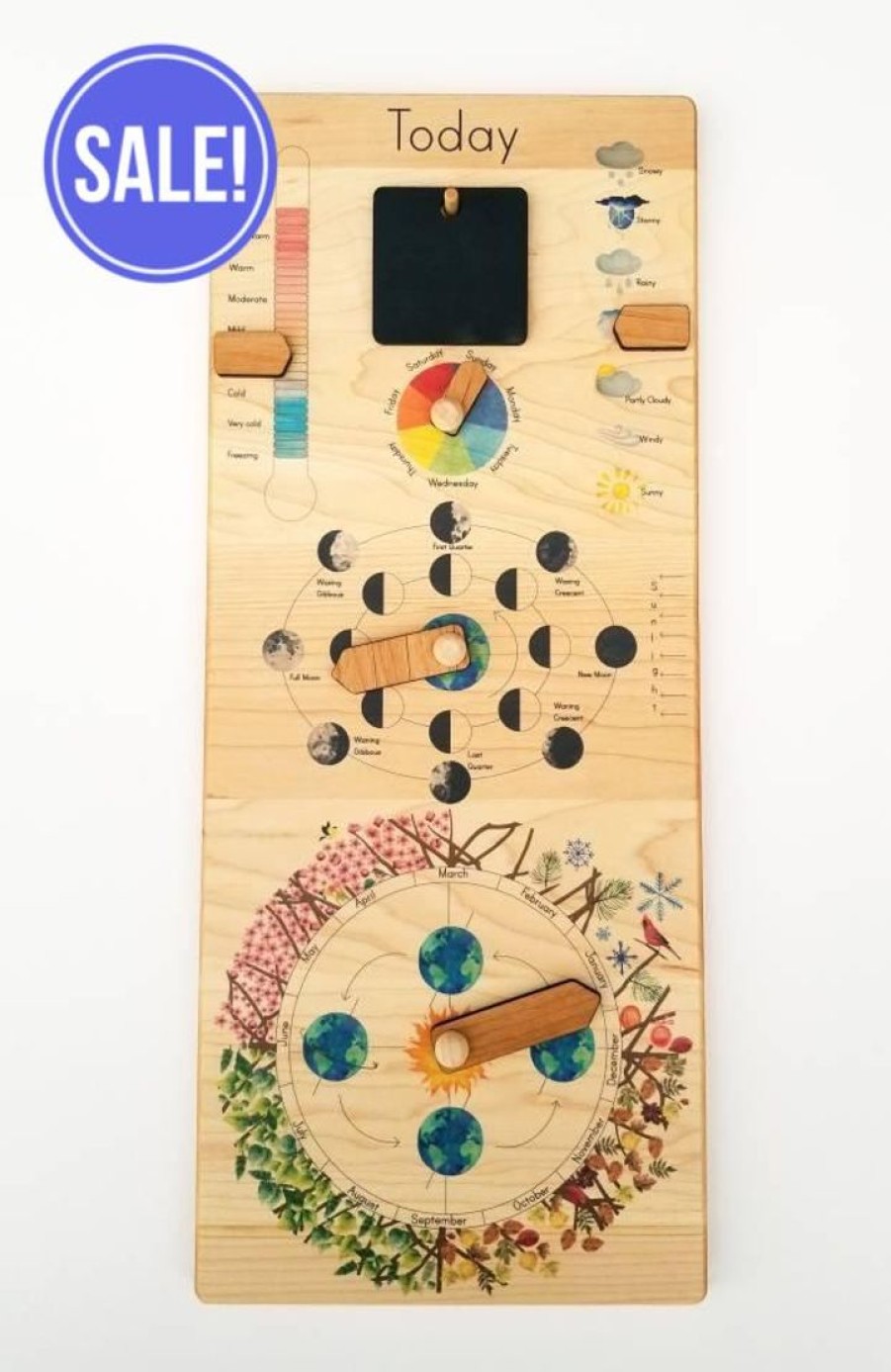 Seconds/Imperfect Wooden Perpetual Calendar With Seasons, Moon Phases, Months, Days And Weather | Mirus Toys Best